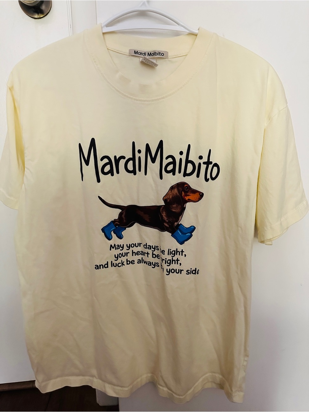MardiMaibito Cream Dachshund Graphic Tee with Blue Boots